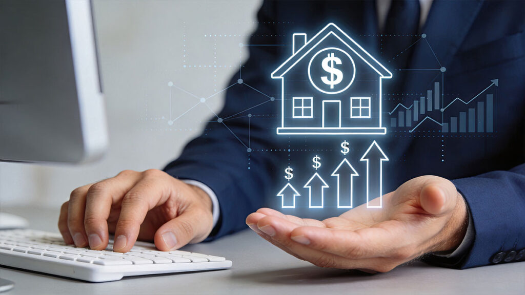 man working on laptop while holding an investing on housing icon